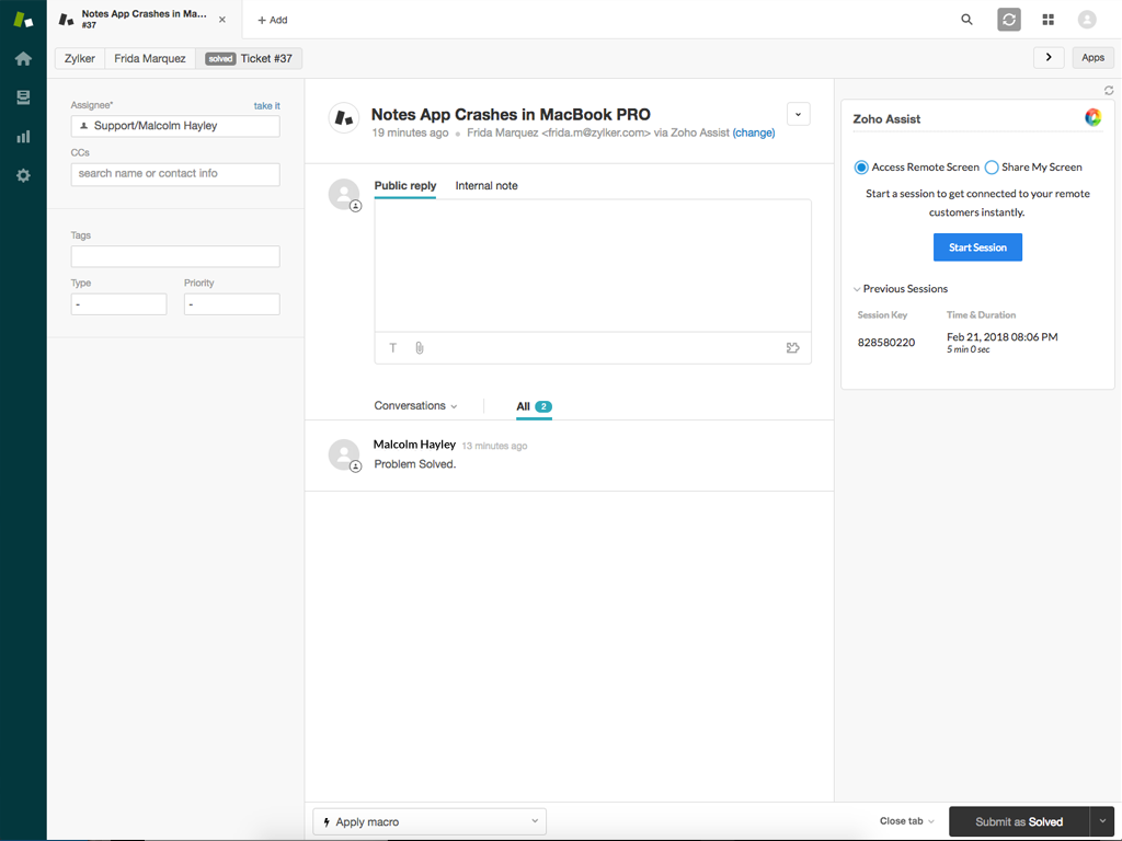 Zoho Assist Remote Support App Integration with Zendesk Support